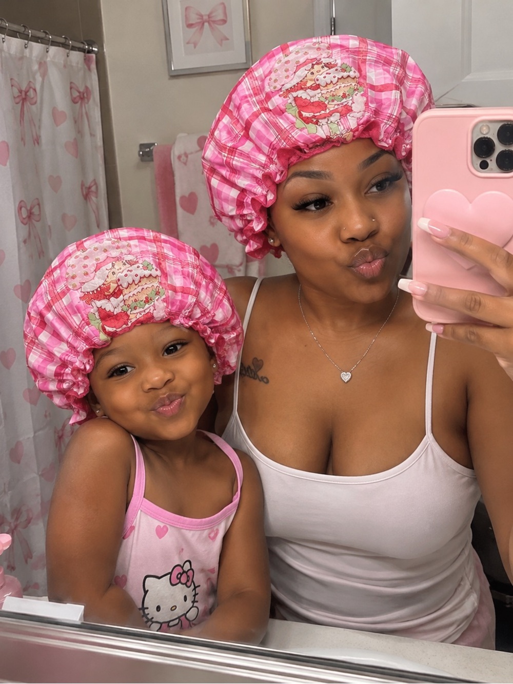 Pink Plaid Kids Shower Cap with Cute Cupcake Print